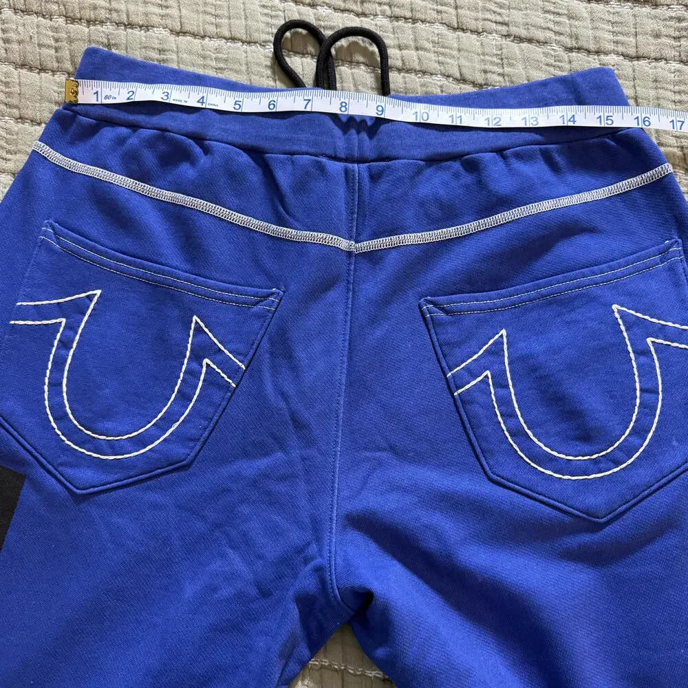 TRUE RELIGIONS‎ Mens SZ M Long Blue Logo'd Sweat Shorts 100% Cotton. Street Wear